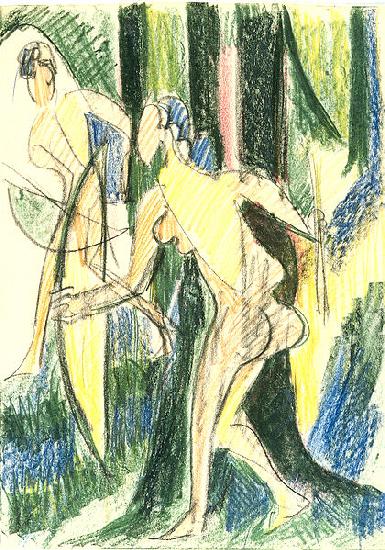 Ernst Ludwig Kirchner Arching girls in the wood - Crayons and pencil Sweden oil painting art